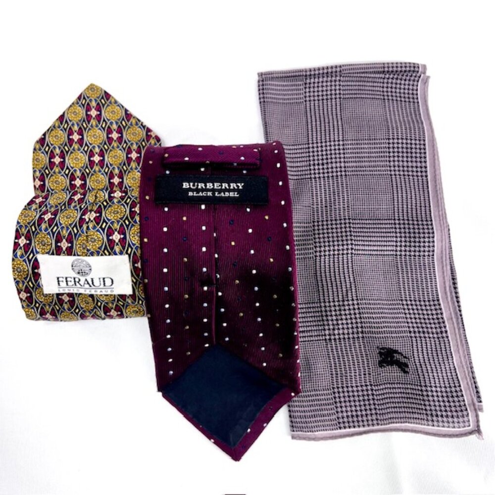 Set: 2 Neckties Burberry Burgendy Dott & Feraud Louis +1Burberry Handkerchief(52 - Picture 3 of 13